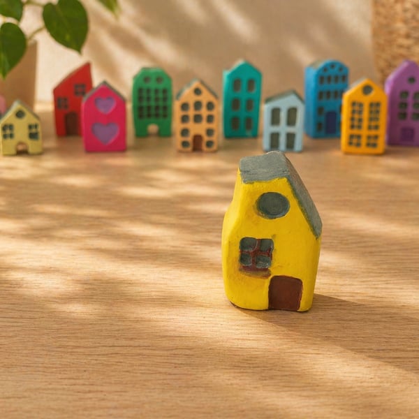 Handmade Mini Clay House - Yellow Painted Village Decor