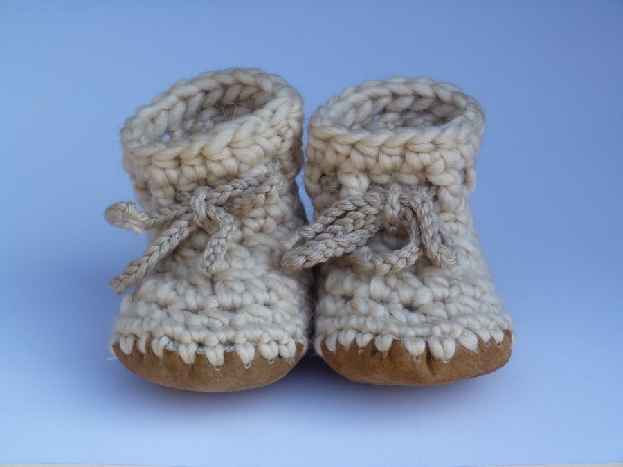Wool & leather baby boots Ecru 12-18 months