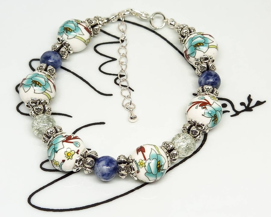 SALE - Chunky adjustable Lapis lazuli gemstone and ceramic beaded bracelet 