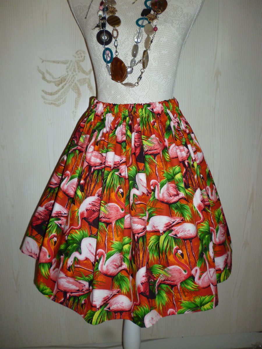  Retro 50s Flamingo Print Rockabilly Full Flared Skirt Size 14 16