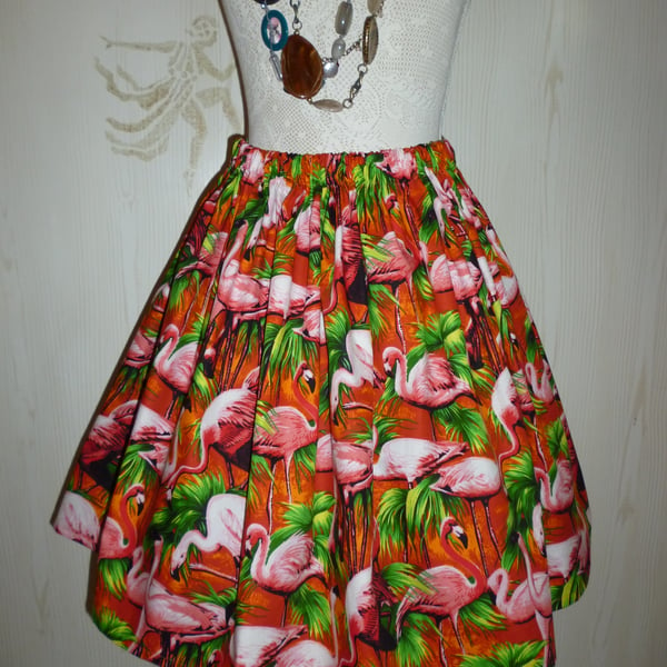  Retro 50s Flamingo Print Rockabilly Full Flared Skirt Size 14 16