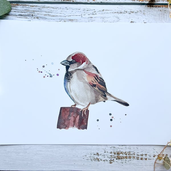 House sparrow on rusted metal watercolour art print