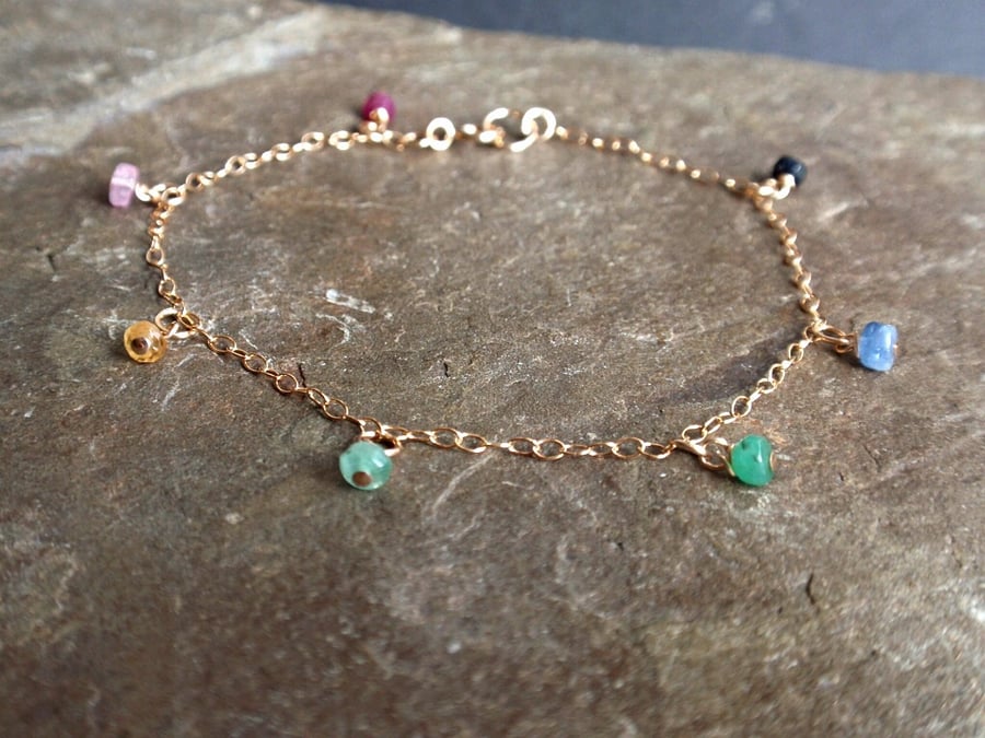 Ruby, emerald and sapphire bracelet with 14k gold filled chain