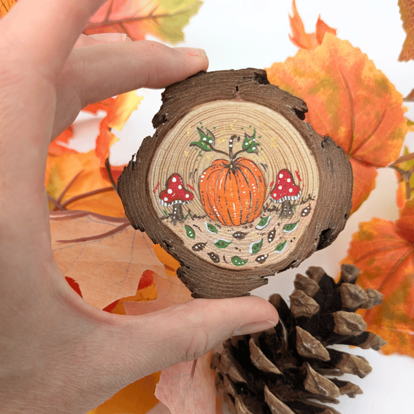 Pumpkin hand-painted log slice magnet 