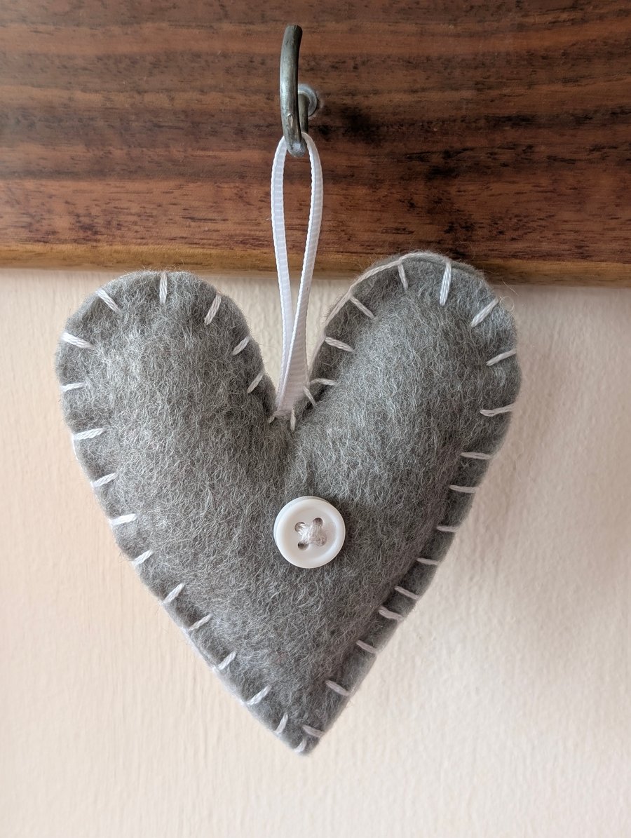Handmade handstitched felt heart - grey with white stitching