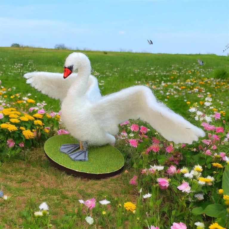 Swan with wings outstretched, needle felted sculpture