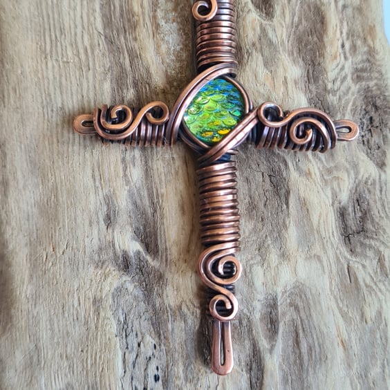 Green Dragon Scale Copper Cross Crucifix Pendant Necklace Gift Jewellery Jewelry