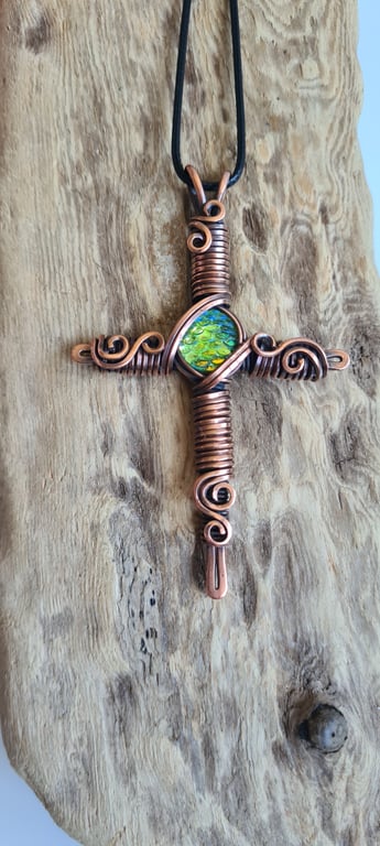 Green Dragon Scale Copper Cross Crucifix Pendant Necklace Gift Jewellery Jewelry