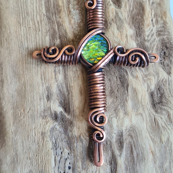 Green Dragon Scale Copper Cross Crucifix Pendant Necklace Gift Jewellery Jewelry