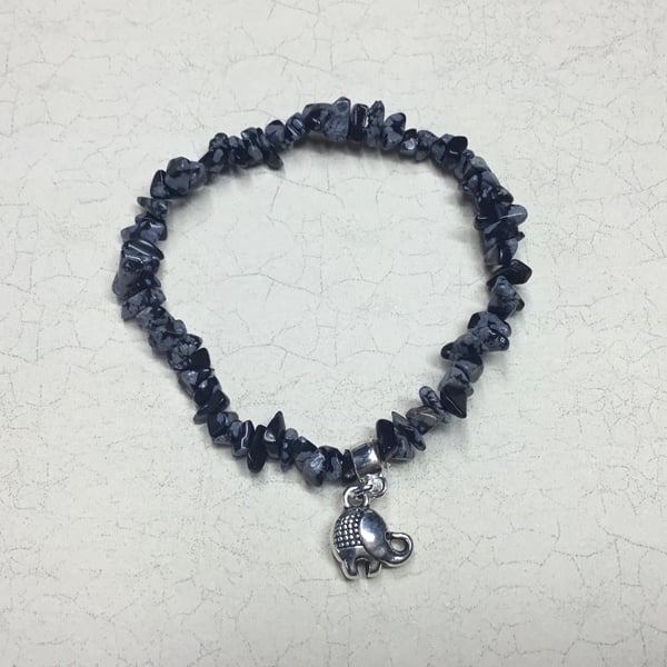 Snowflake Obsidian Elasticated Bracelet with Elephant Charm