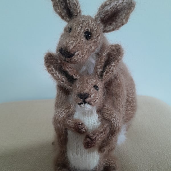 Handknitted Kangaroo, dotpebblesknits Kanga and Roo  
