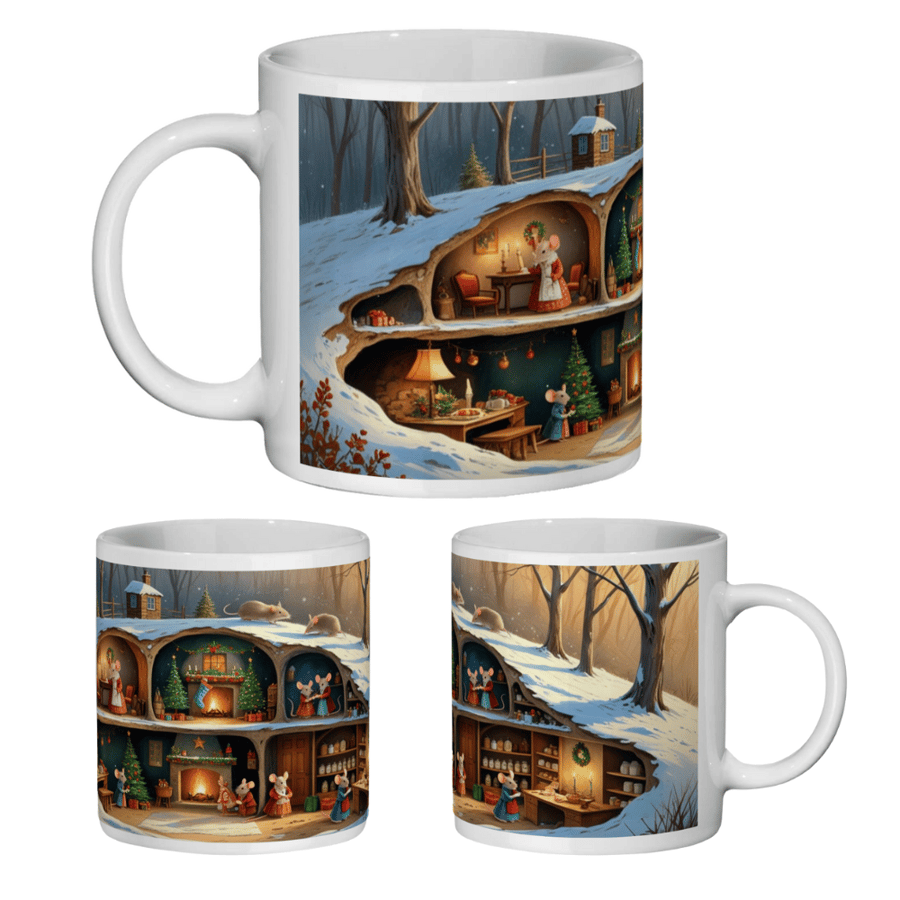 Christmas Mug Winter Scene Cosy Cute Mice Victorian Style Cute Gift Mum Friend