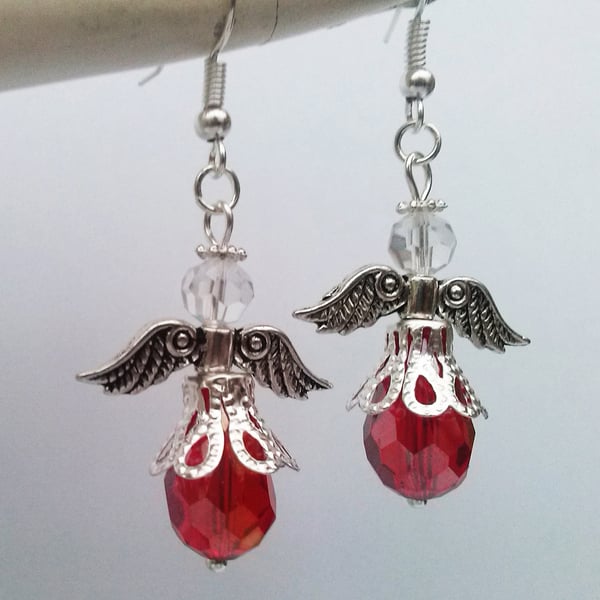 Silver Plate Red Gaurdian Angel Crystal Bead Drop Dangle Earrings