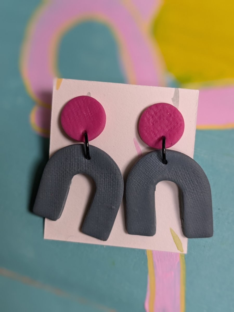 Large dangly earrings, navy and pink, lightweight earring