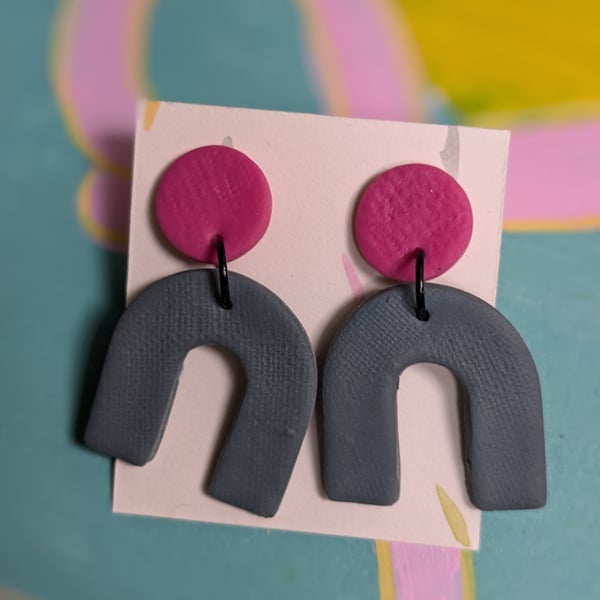 Large dangly earrings, navy and pink, lightweight earring