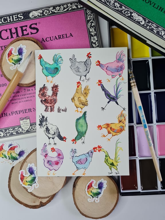 Original hand painted mini watercolour funny chicken art no.8
