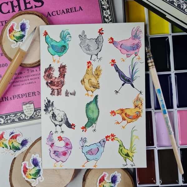 Original hand painted mini watercolour funny chicken art no.8