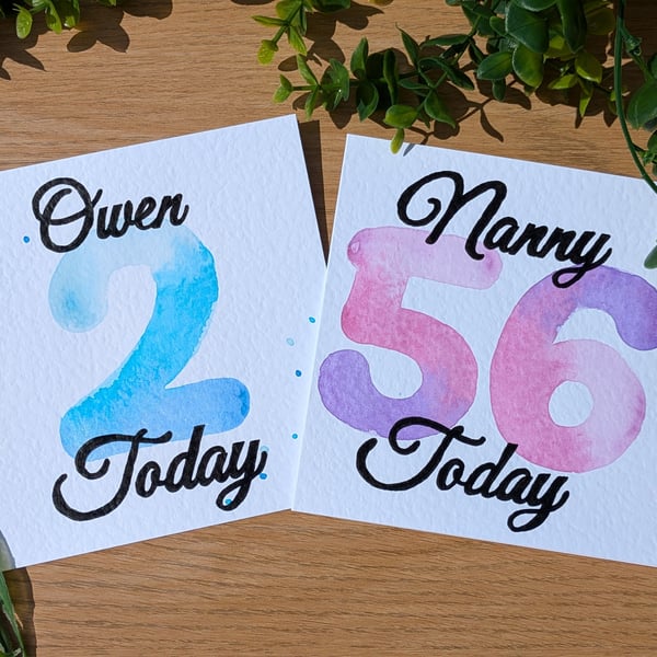 Personalised Birthday Age Card. Hand painted and lettered watercolour card