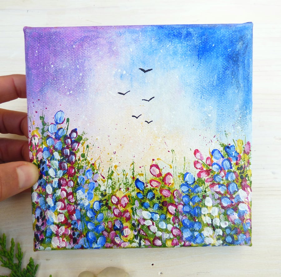 Original Acrylic Canvas Painting, Colourful Wild Meadow Flowers & Birds