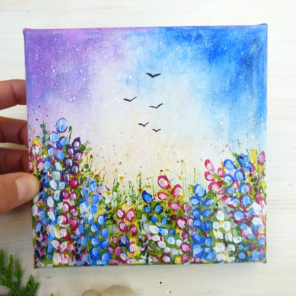 Original Acrylic Canvas Painting, Colourful Wild Meadow Flowers & Birds