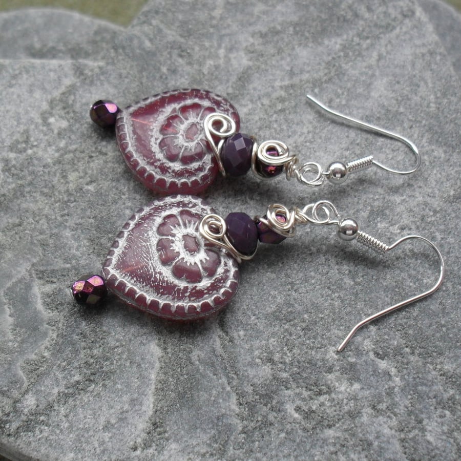 Lilac Czech Glass Heart Earrings