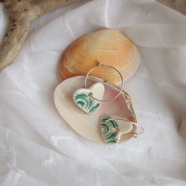 Porcelain Ceramic Teal Heart Earrings on Sterling Silver Hoops