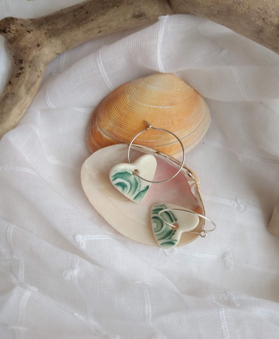 Porcelain Ceramic Teal Heart Earrings on Sterling Silver Hoops