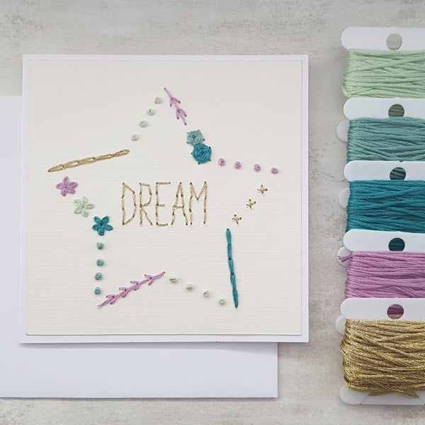 Dream Hand Embroidered Star Card, Graduation Card, New Home Card, New Job Card