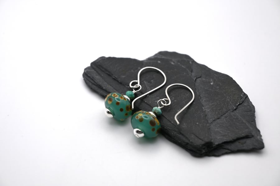aqua green lampwork glass and Turquoise gemstone earrings
