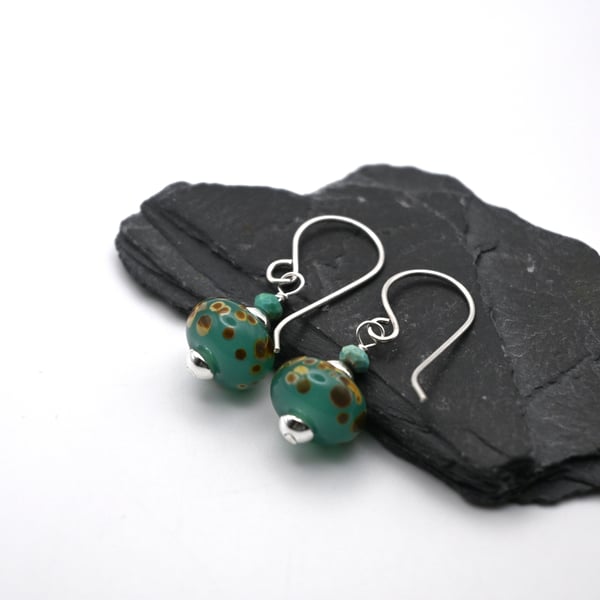 aqua green lampwork glass and Turquoise gemstone earrings