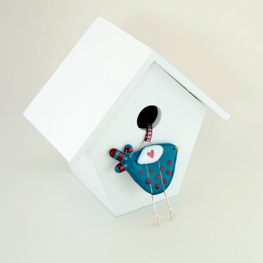 Blue and Red Spotty Fused Glass Lovebird