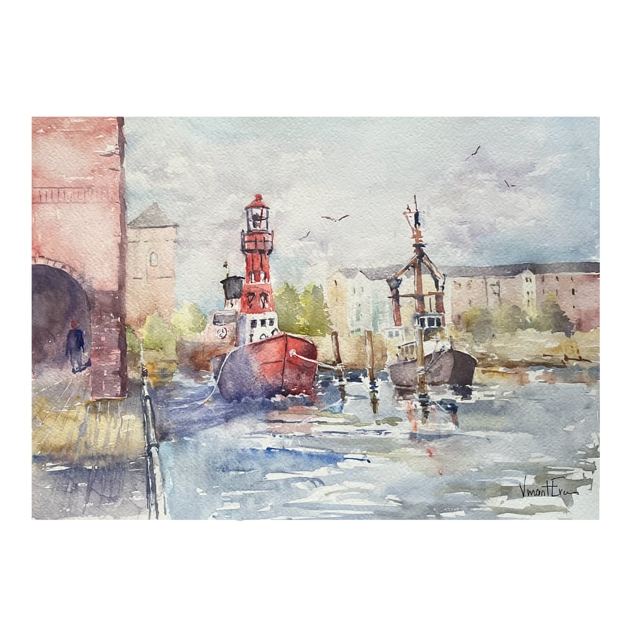 Old Ships In The Marina, original watercolour painting