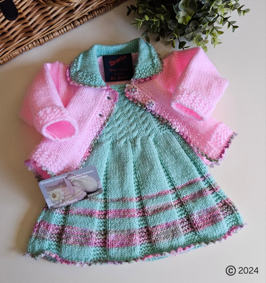 Baby Girl's Hand Knitted Cardigan, Pinafore Dress & Booties 0-3 months size 