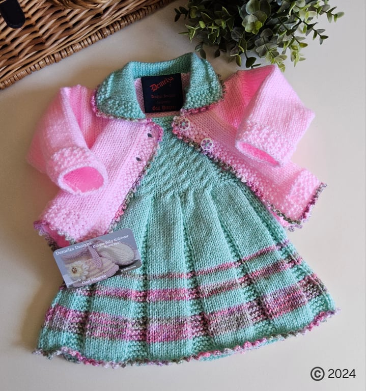 Baby Girl's Hand Knitted Cardigan, Pinafore Dress & Booties 0-3 months size 
