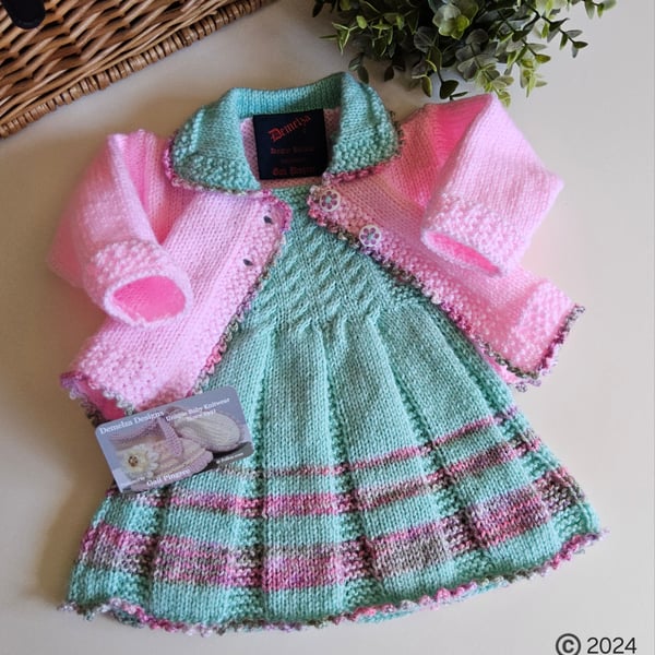 Baby Girl's Hand Knitted Cardigan, Pinafore Dress & Booties 0-3 months size 