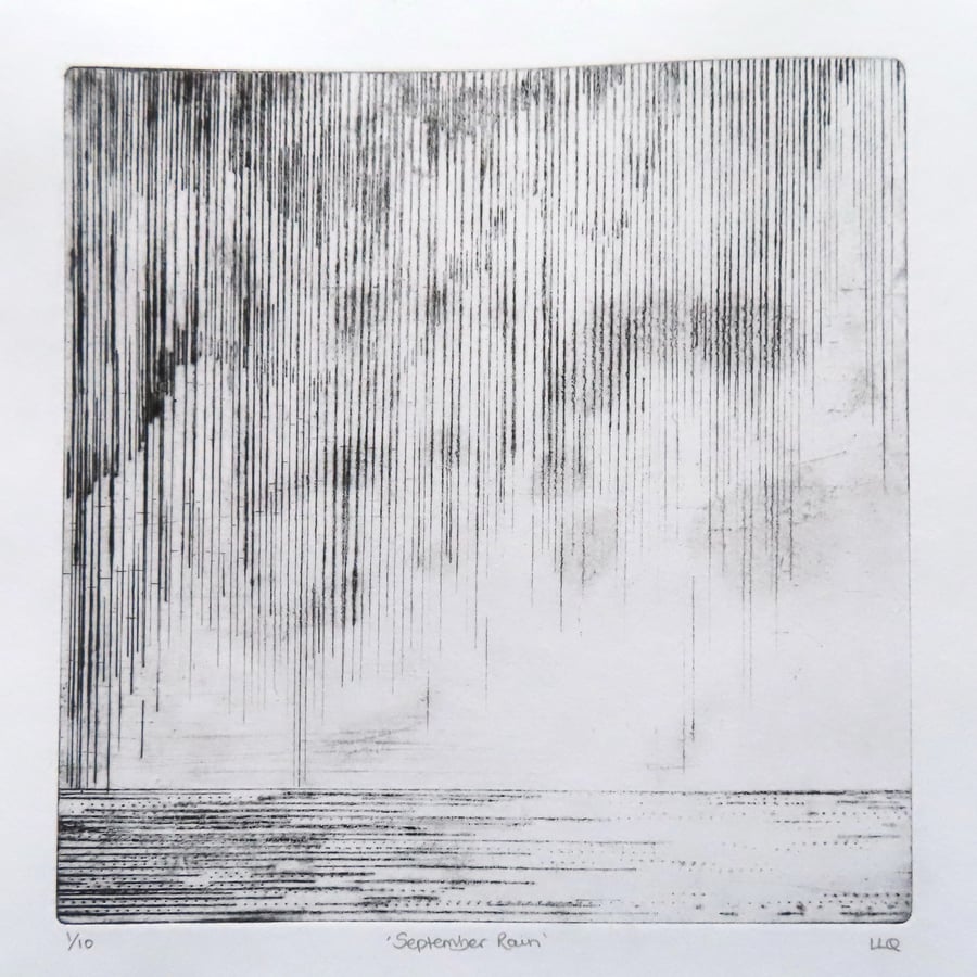 September Rain drypoint etching storm over the sea coastal art print