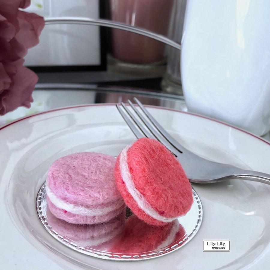 French Macarons, pinks, woolly decoration, needle felted, SALE 