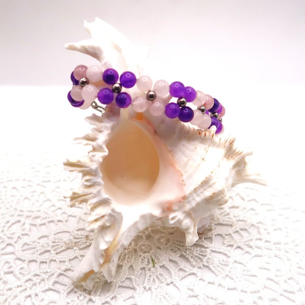 Amethyst and Rose Quart Flower Design Bracelet.  Free UK P&P