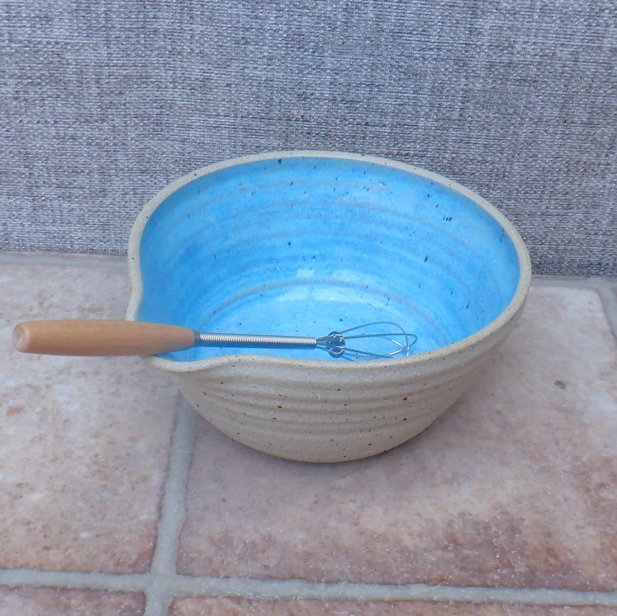 Handmade drizzle bowl mixing whisking pouring  stoneware  ceramic in turquoise 
