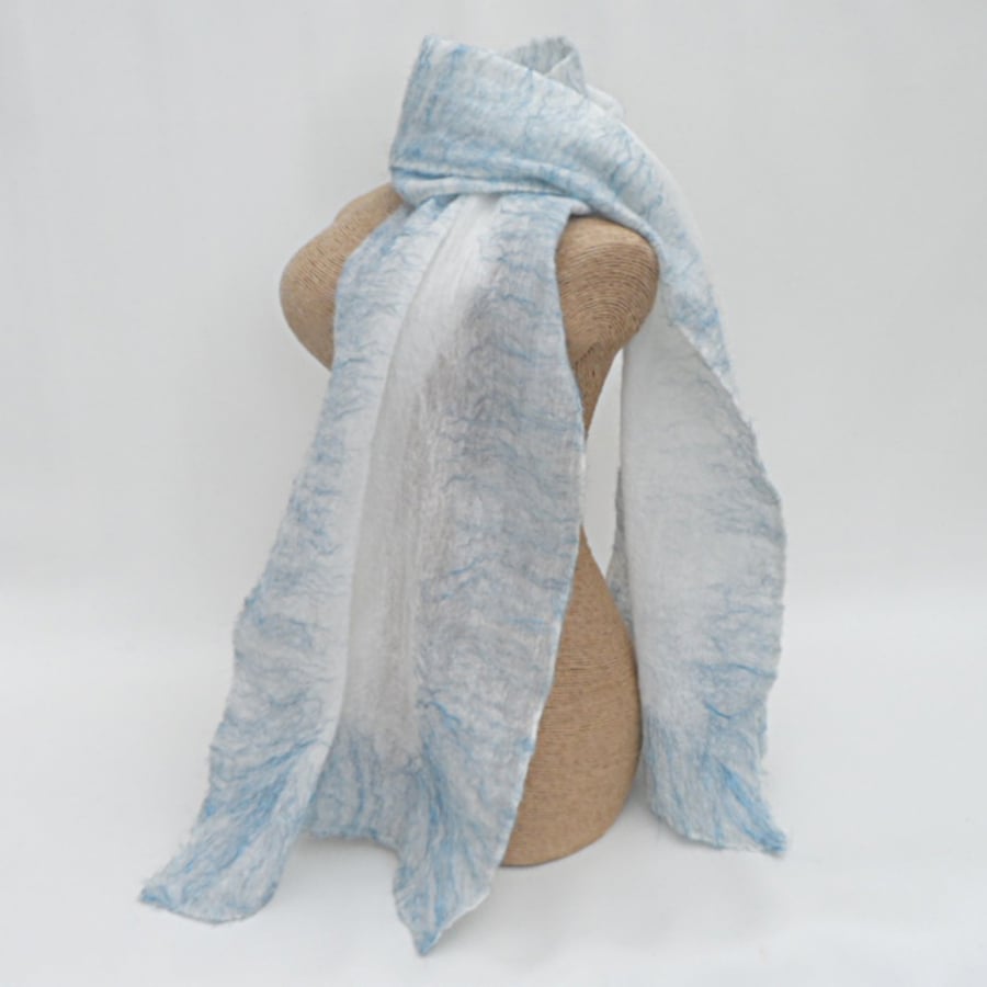White nuno felted scarf with blue glitter border - REDUCED