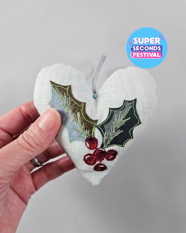 Handmade padded hanging heart, holly, Super Seconds Festival