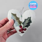 Handmade padded hanging heart, holly, Super Seconds Festival