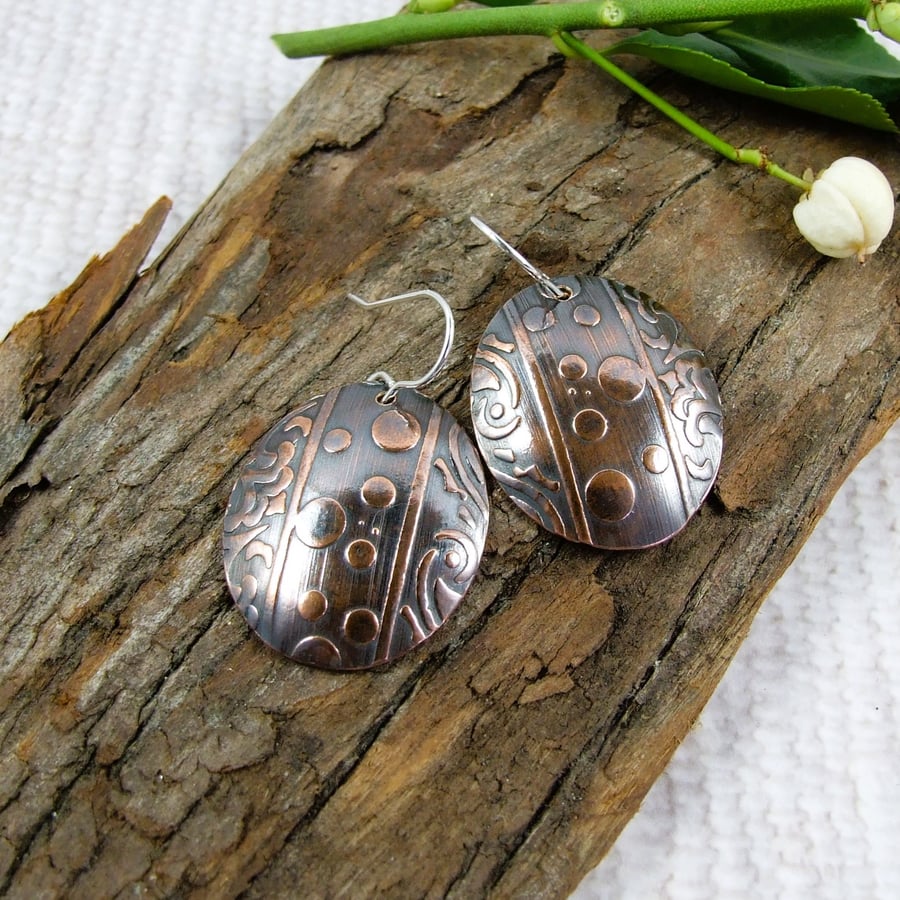 Earrings, Copper Patterned Dropper Earrings with Sterling Silver Ear Wires