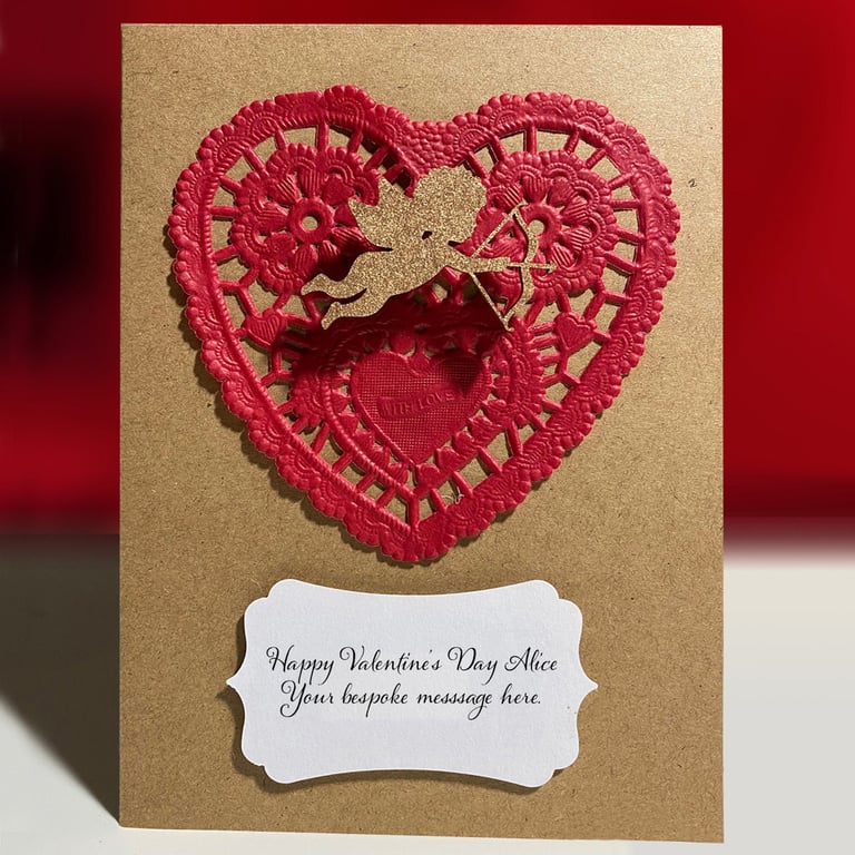 Personalised Valentine's card with wearable wooden cupid badge