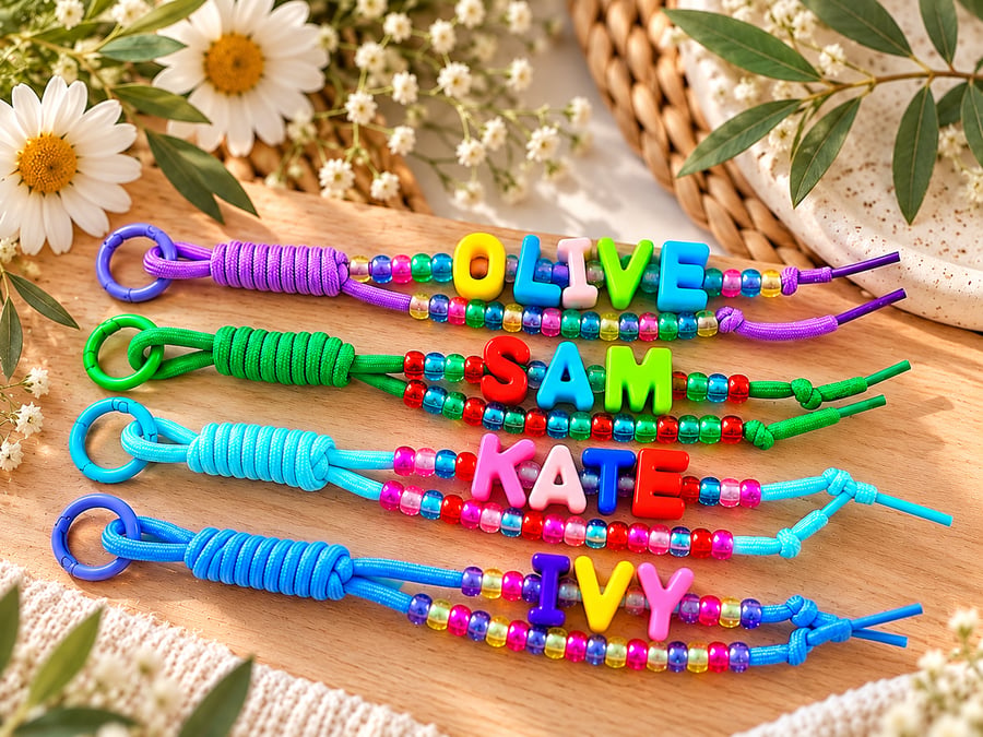 Personalised Beaded Bag Charm - Custom Name, Bright Colours (Handmade)