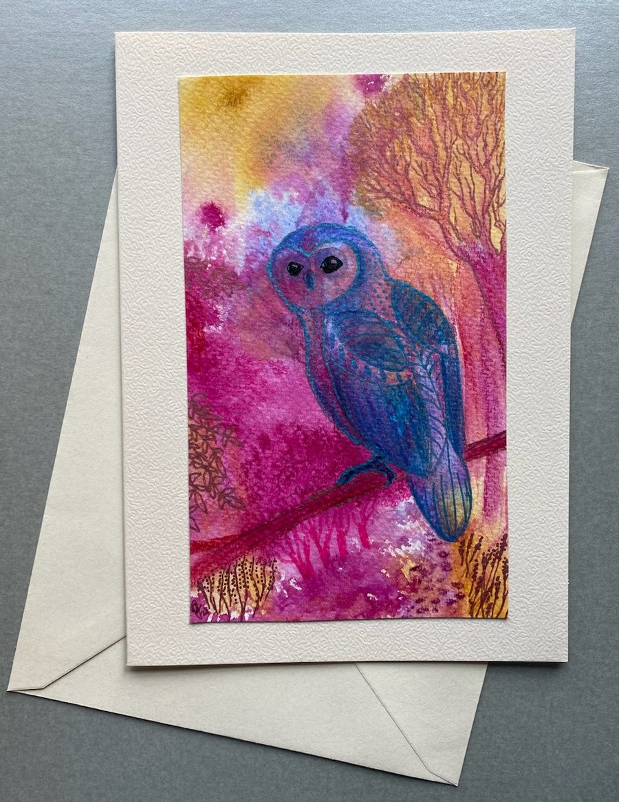 Hand painted Owl greetings card 