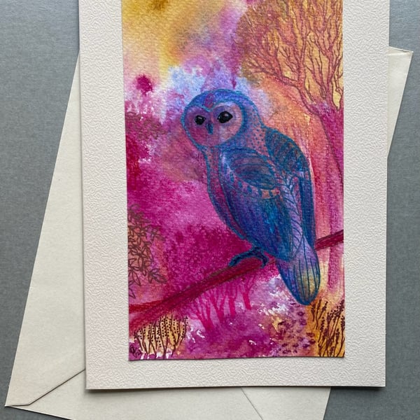 Hand painted Owl greetings card 