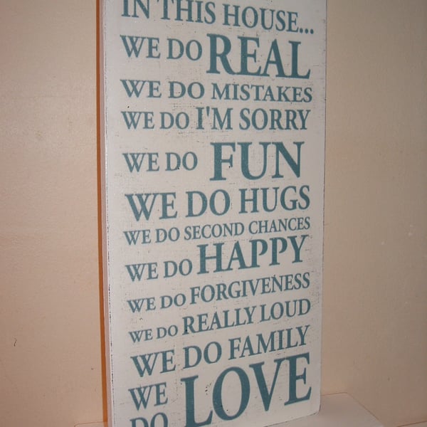 In this House..shabby chic plaque teal sign