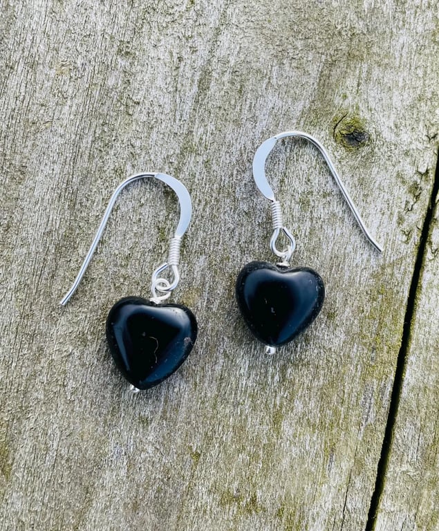 Onyx Heart Drop Earrings 