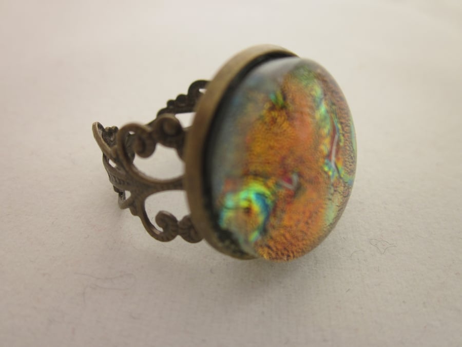 Handmade glass cabochon filigree ring - Flame dichroic